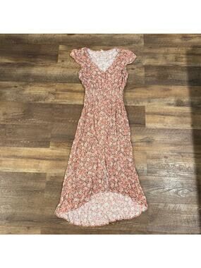 bebop Dress S Peach Floral Midi Smocked Waist Button Front Milkmaid Coquette